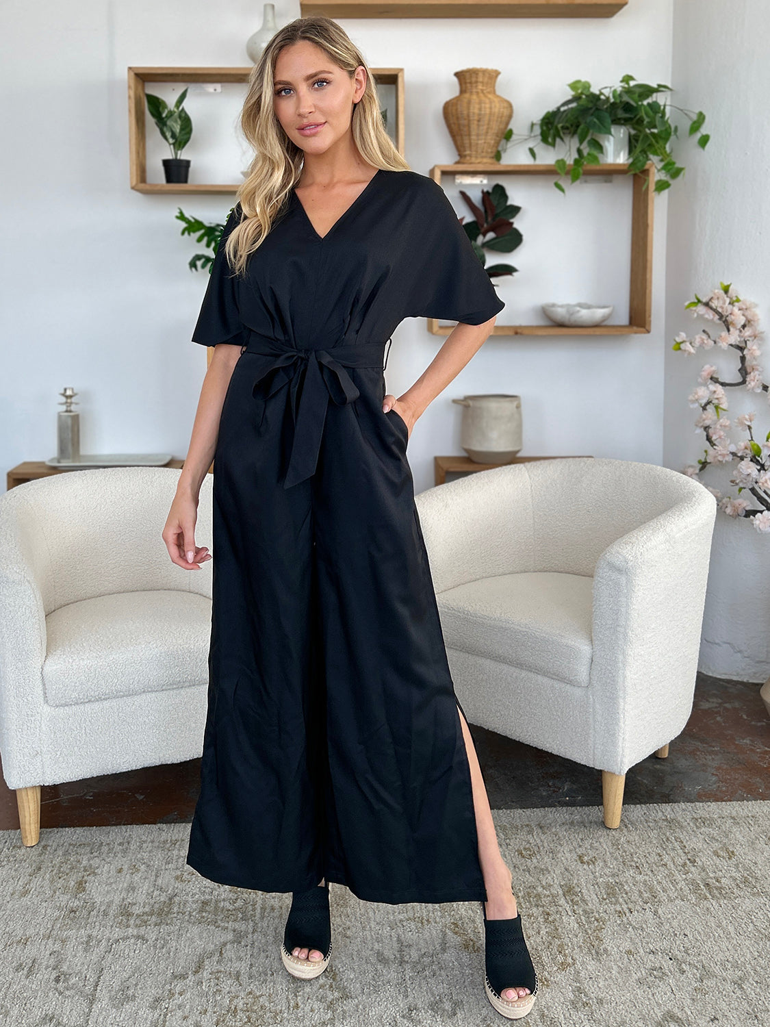 Luzia Size V-Neck Tied Side Slit Jumpsuit