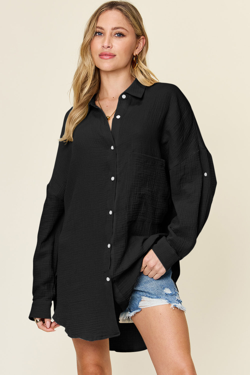 Pocketed Texture Button Up Top