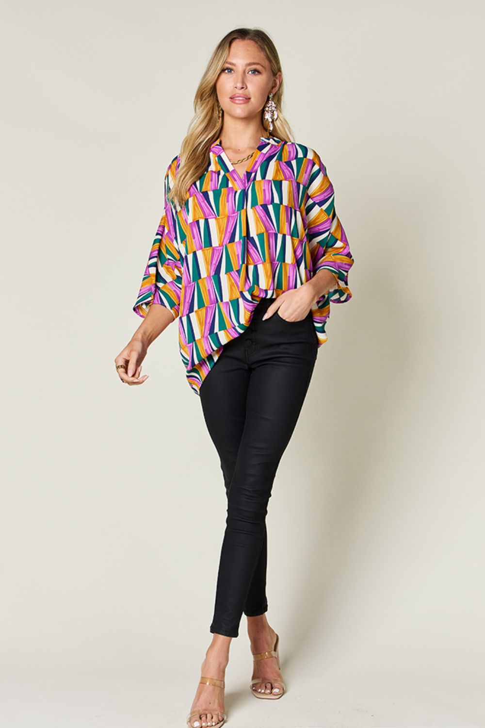 Dani Geometric Notched Dolman Sleeve Top