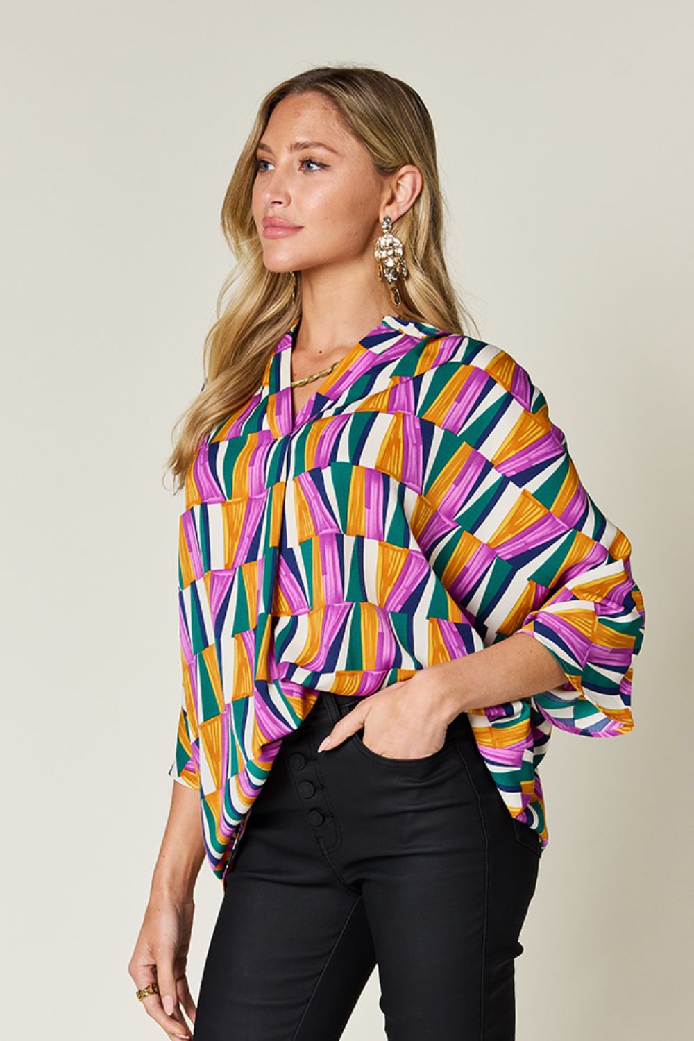Dani Geometric Notched Dolman Sleeve Top