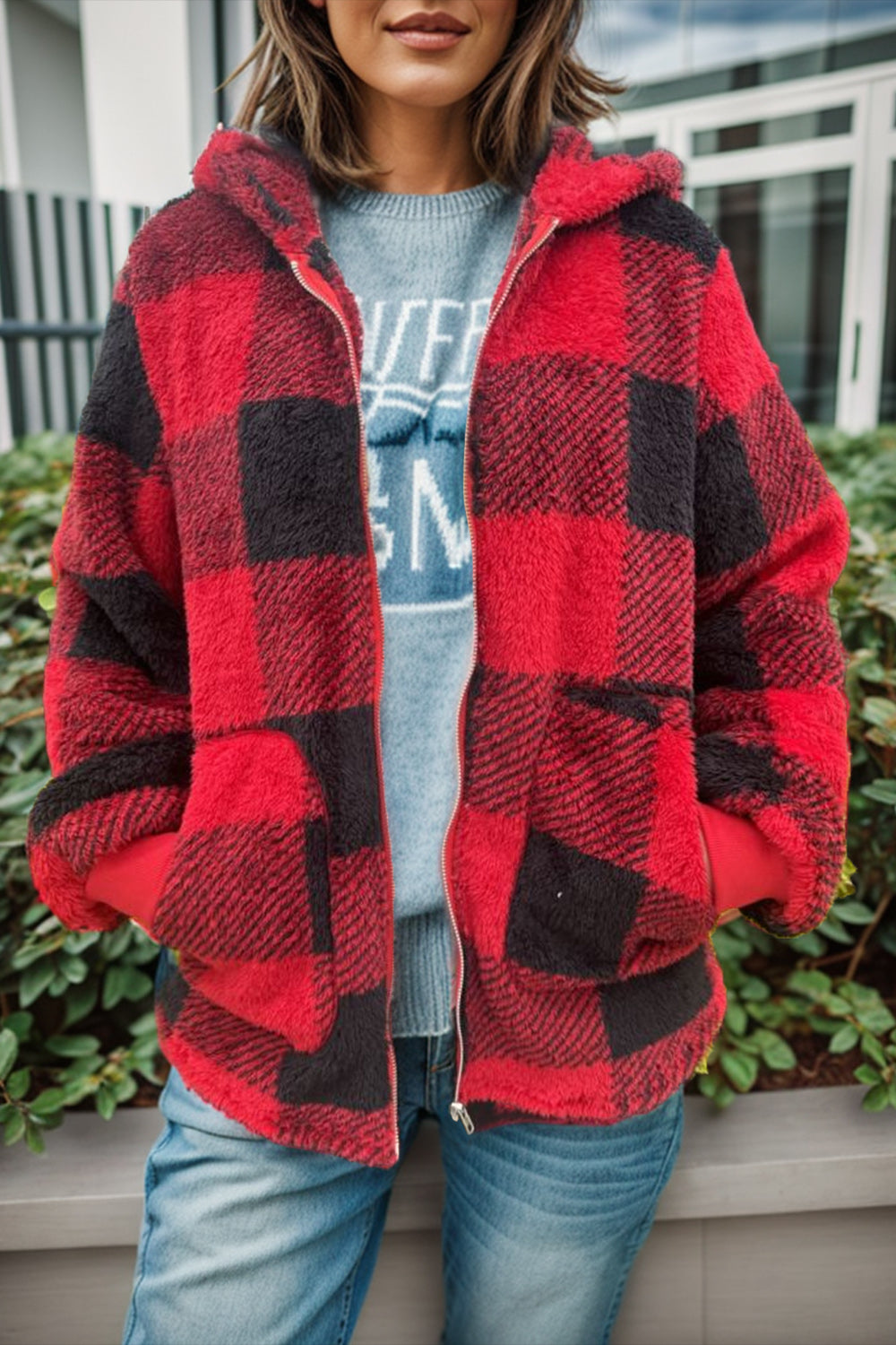 Isa Plaid Long Sleeve Hooded Coat