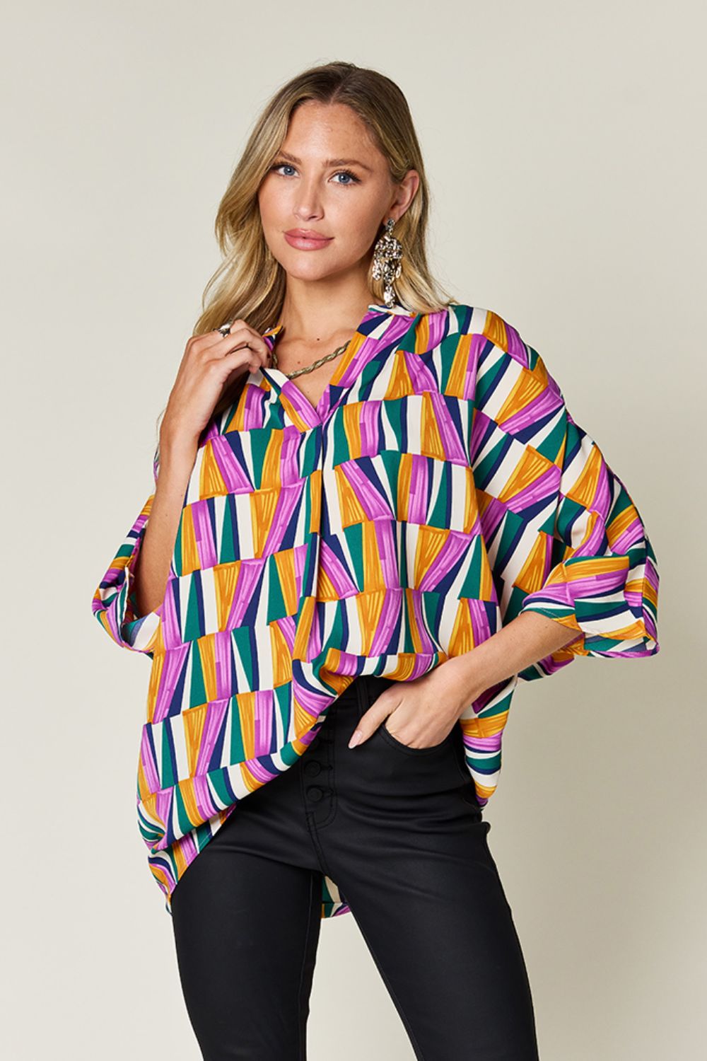 Dani Geometric Notched Dolman Sleeve Top