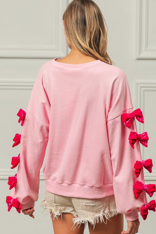 Mila Velvet Ribbon Bows Long Sleeve Round Neck Sweatshirt