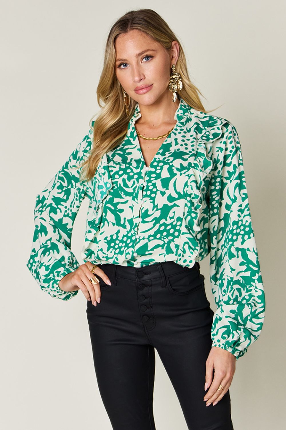 Jess Printed Ruffle Trim Balloon Sleeve Shirt